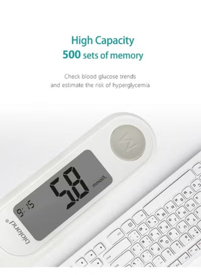 بيو لاند جهاز مراقبة نسبة الجلوكوز في الدم مع شاشة LCD، و500 مجموعة ذاكرة، ووقت اختبار مدته 5 ثوانٍ، ومجموعة اختبار كاملة - Image 3